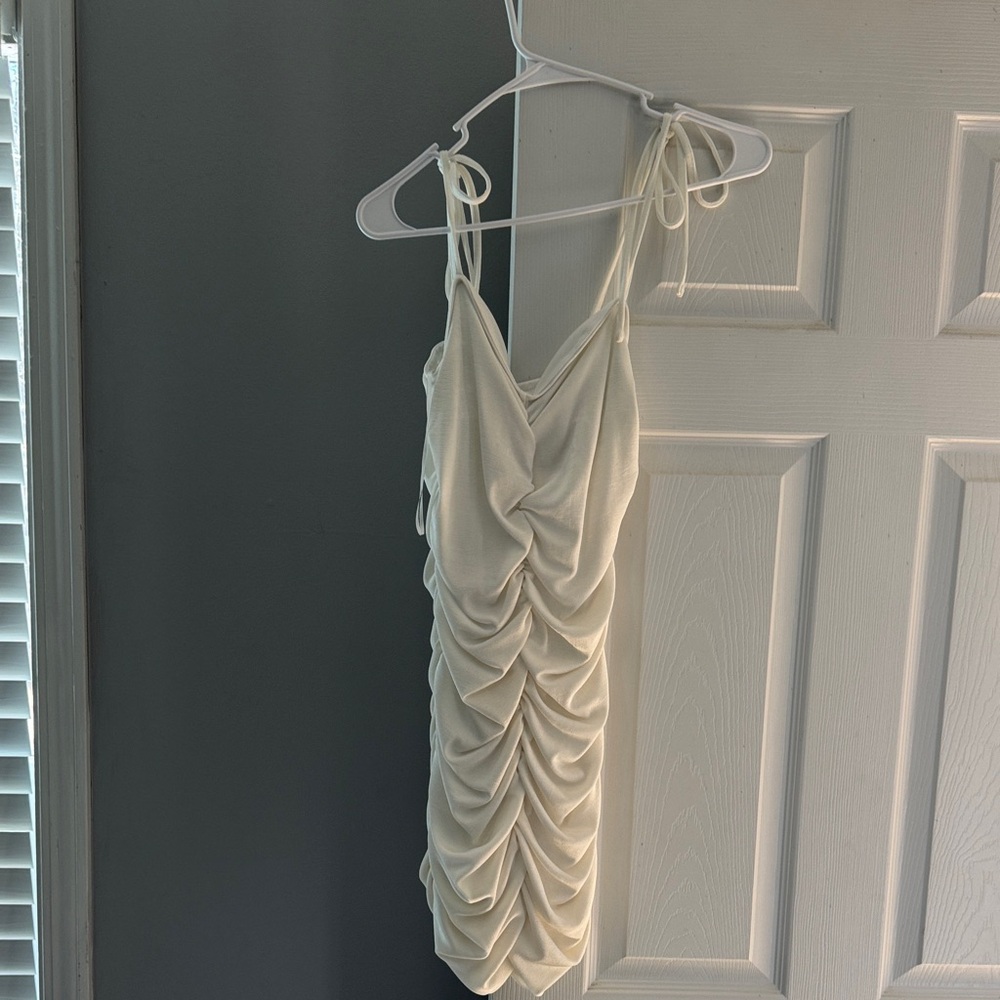 Ruched Tie-Strap Mini Dress in white